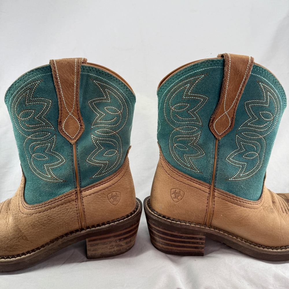 Ariat Womens Brown Leather Teal Suede Square Toe 6B Western Cowgirl Boots - Picture 5 of 9